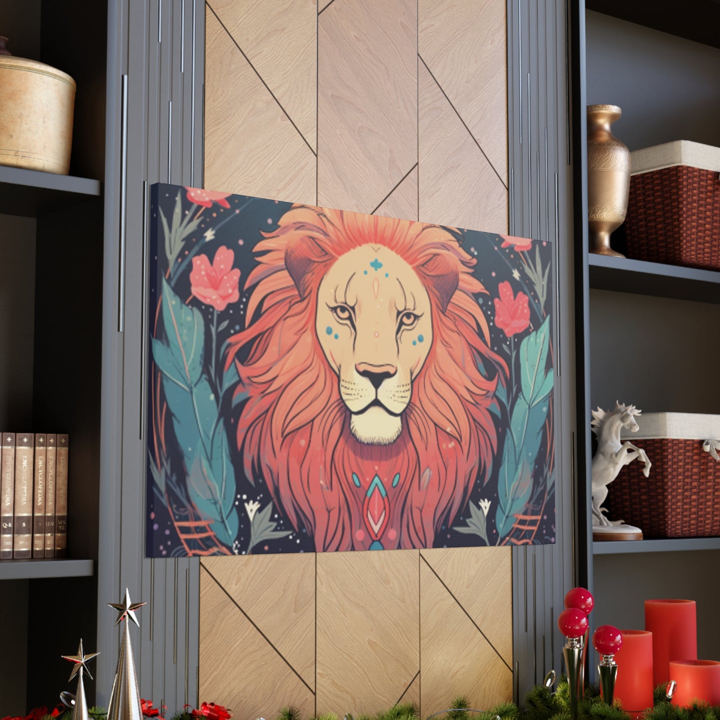 Lofi Style Leo With Flowers And Feathers - Large Wall Art