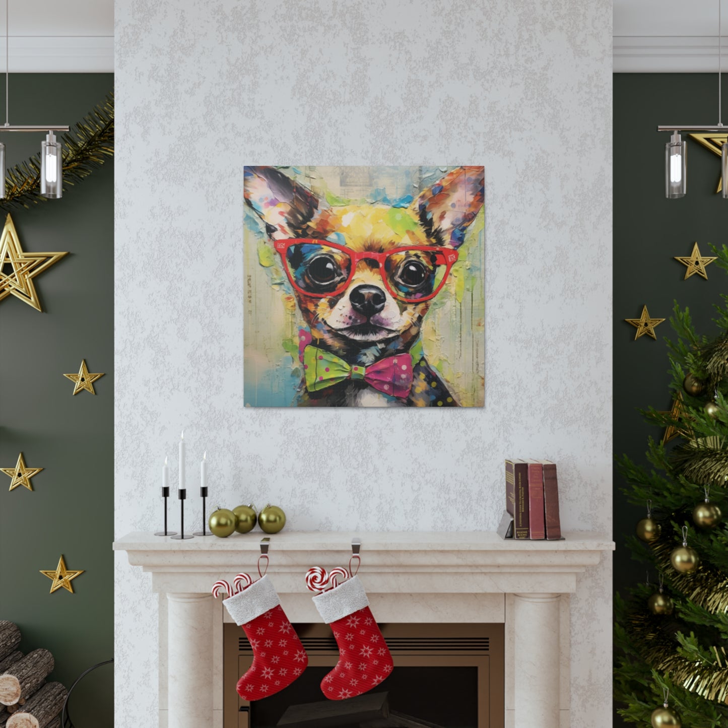 Nerdy Chihuahua In Red Glasses  And Yellow And Pink Bow Tie - Large Wall Art