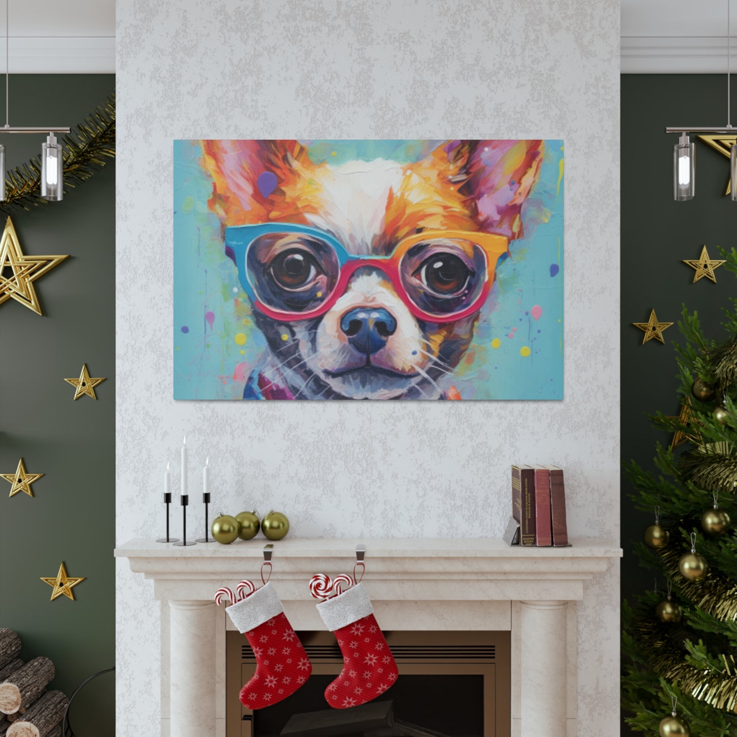 Sweet Chihuahua In Multi Colored Glasses, Paint Drops- Large Wall Art