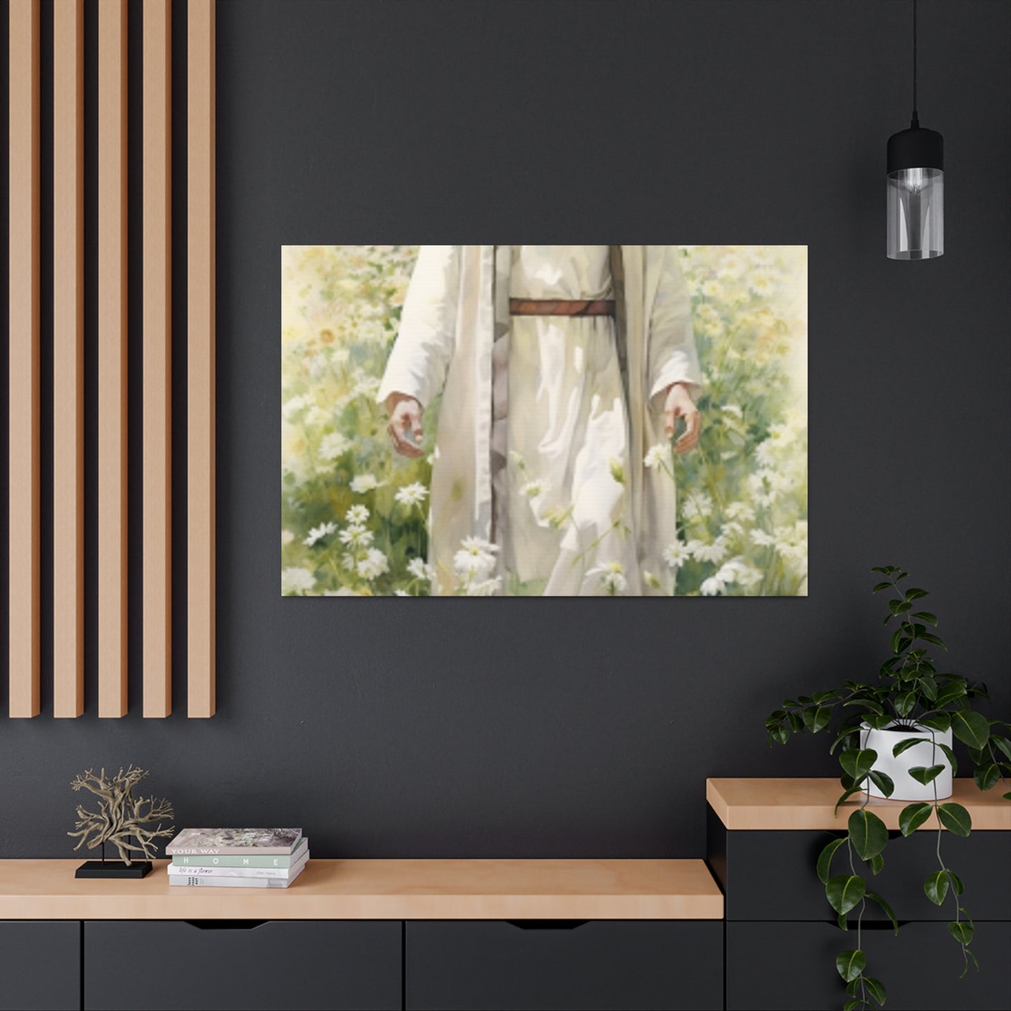 Heavenly Light Shining On Jesus Standing In A Field Of White Flowers - Large Wall Art