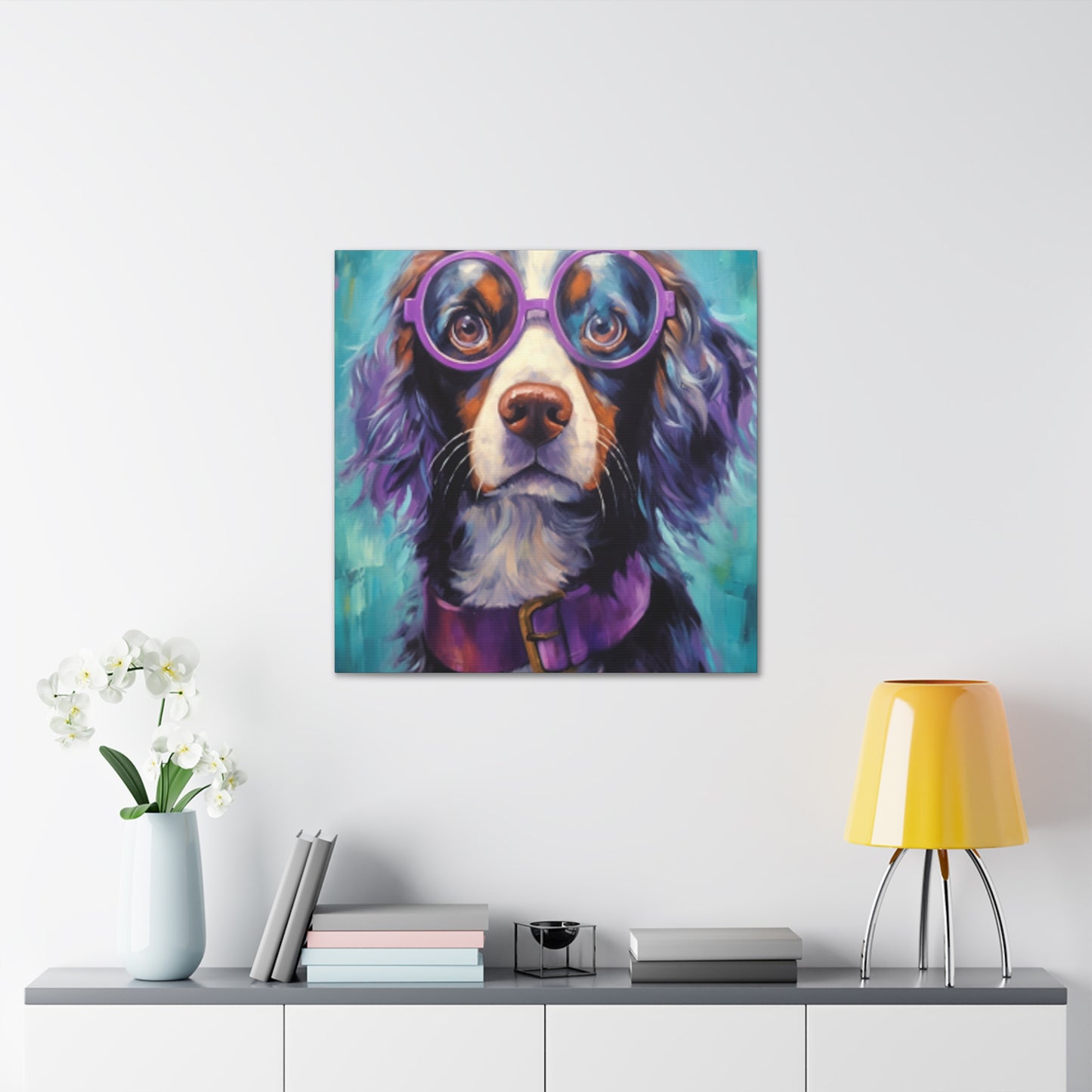 Purple Glasses And Collar On Dog- Large Wall Art