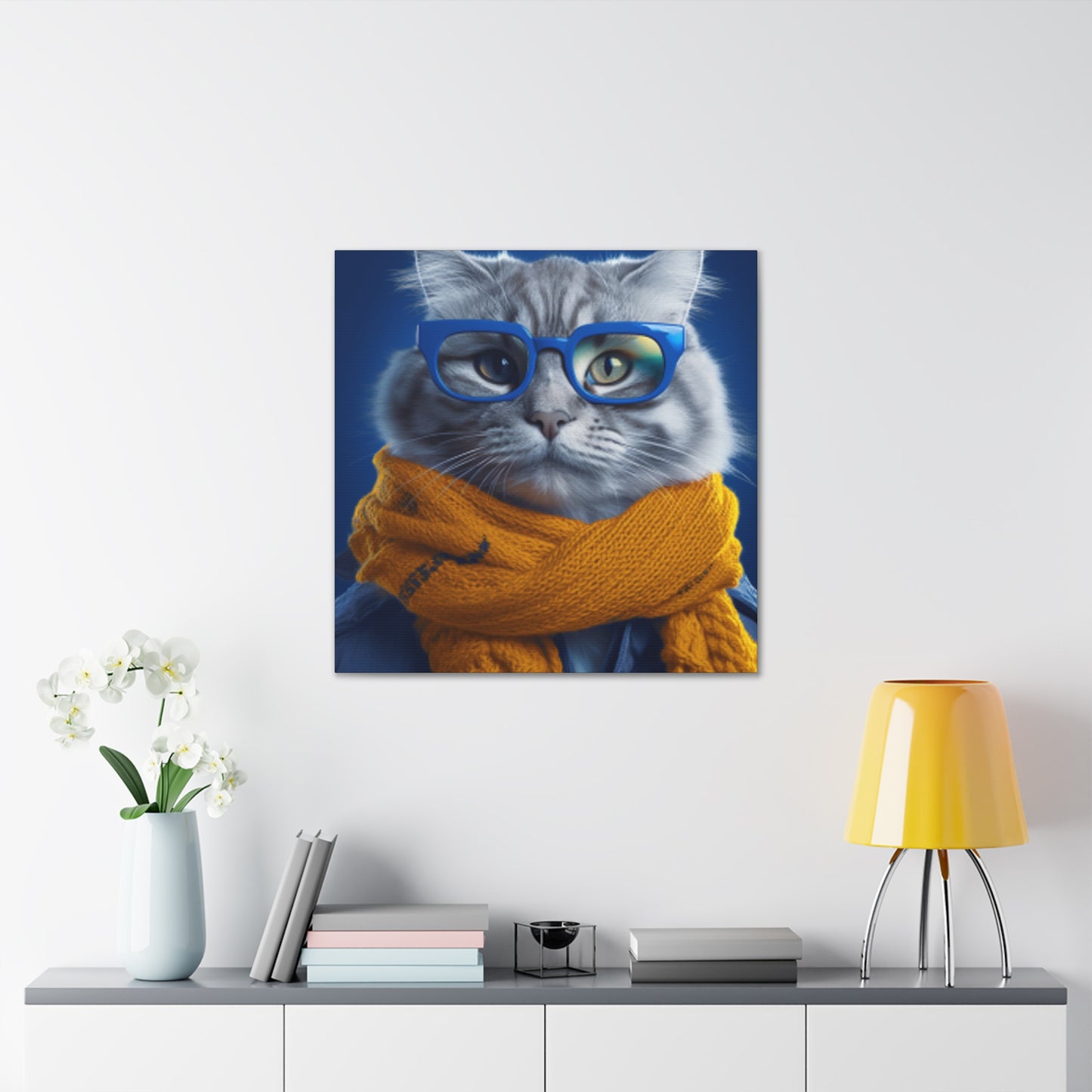 Why So Blue , Kitty Cat In Mustard Yellow Scarf - Large Wall Art