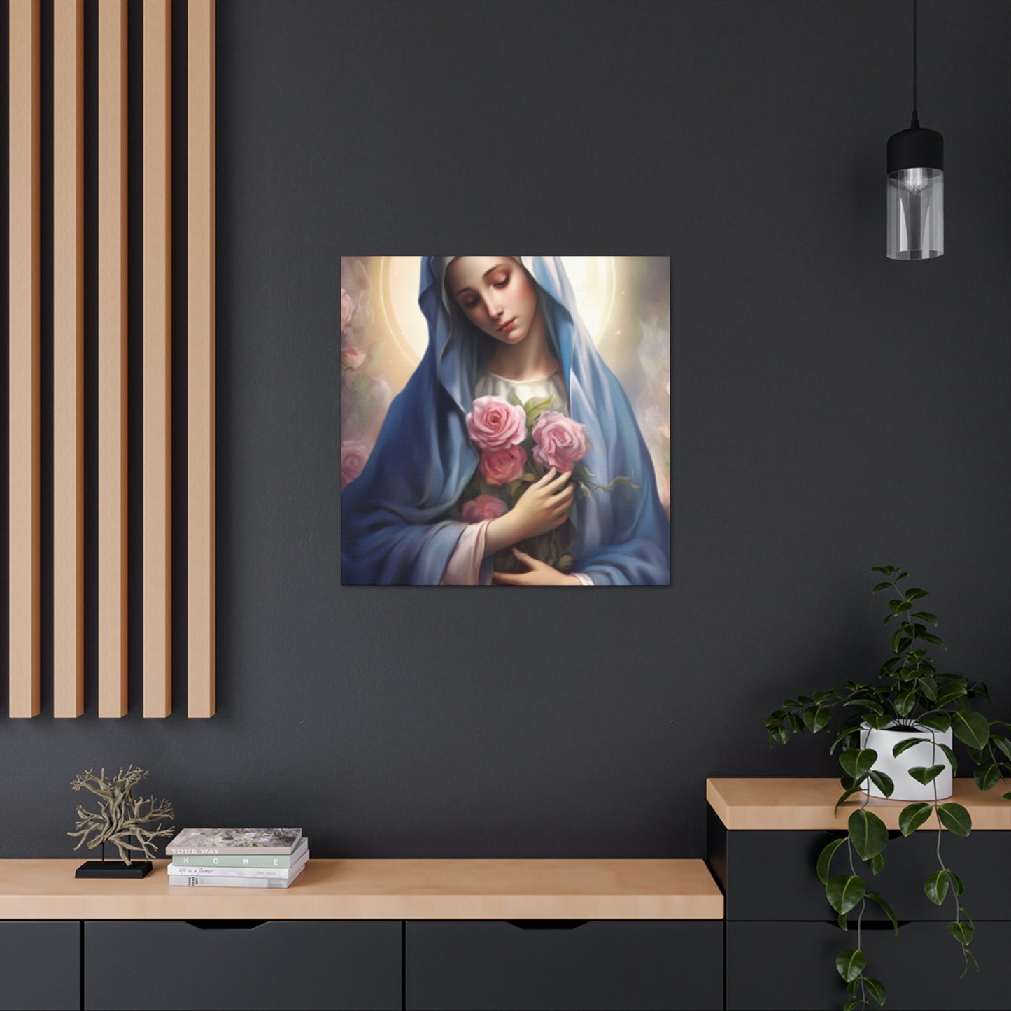 Heavenly Glow Around The Virgin Mary Holding Pink Roses - Large Wall Art