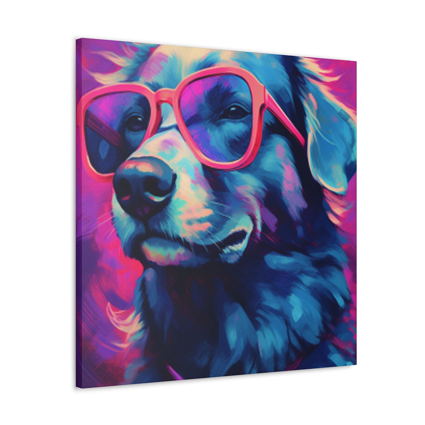 Blue And Purple Dog With Purple Background In Pink Glasses- Large Wall Art