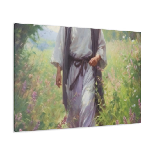 Jesus Taking A Heavenly Walk Through Wildflowers - Large Wall Art