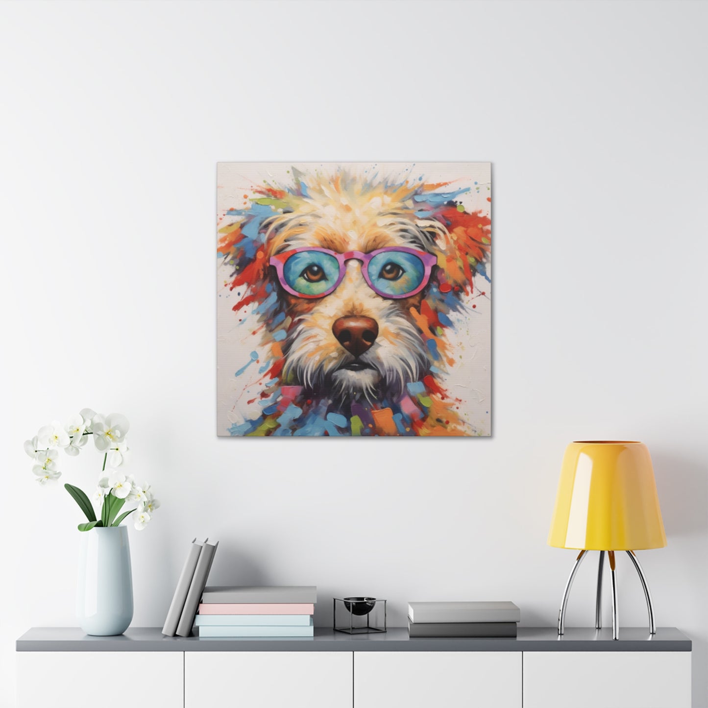 Smart Colorful Dog In Blue And Pink Glasses- Large Wall Art