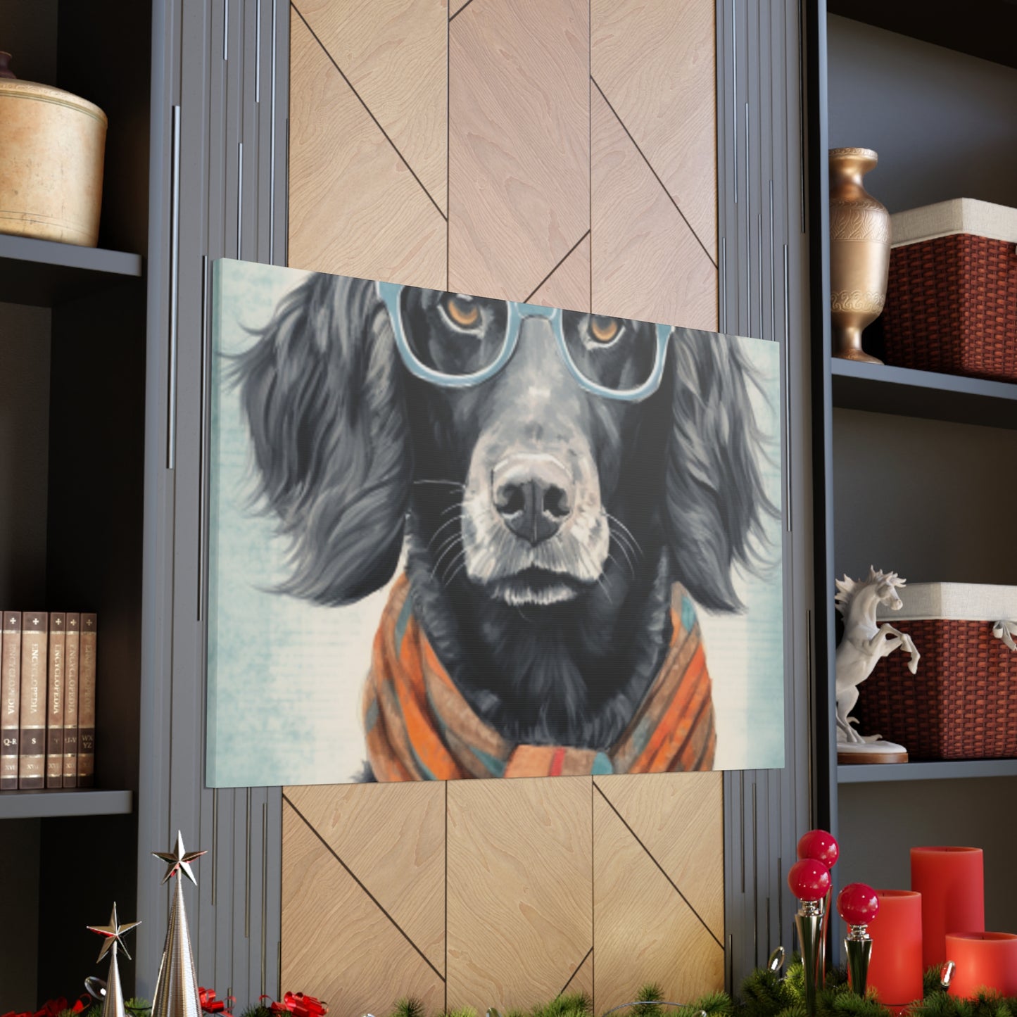 Black Dog In Glasses, Shades Of Blue- Large Wall Art