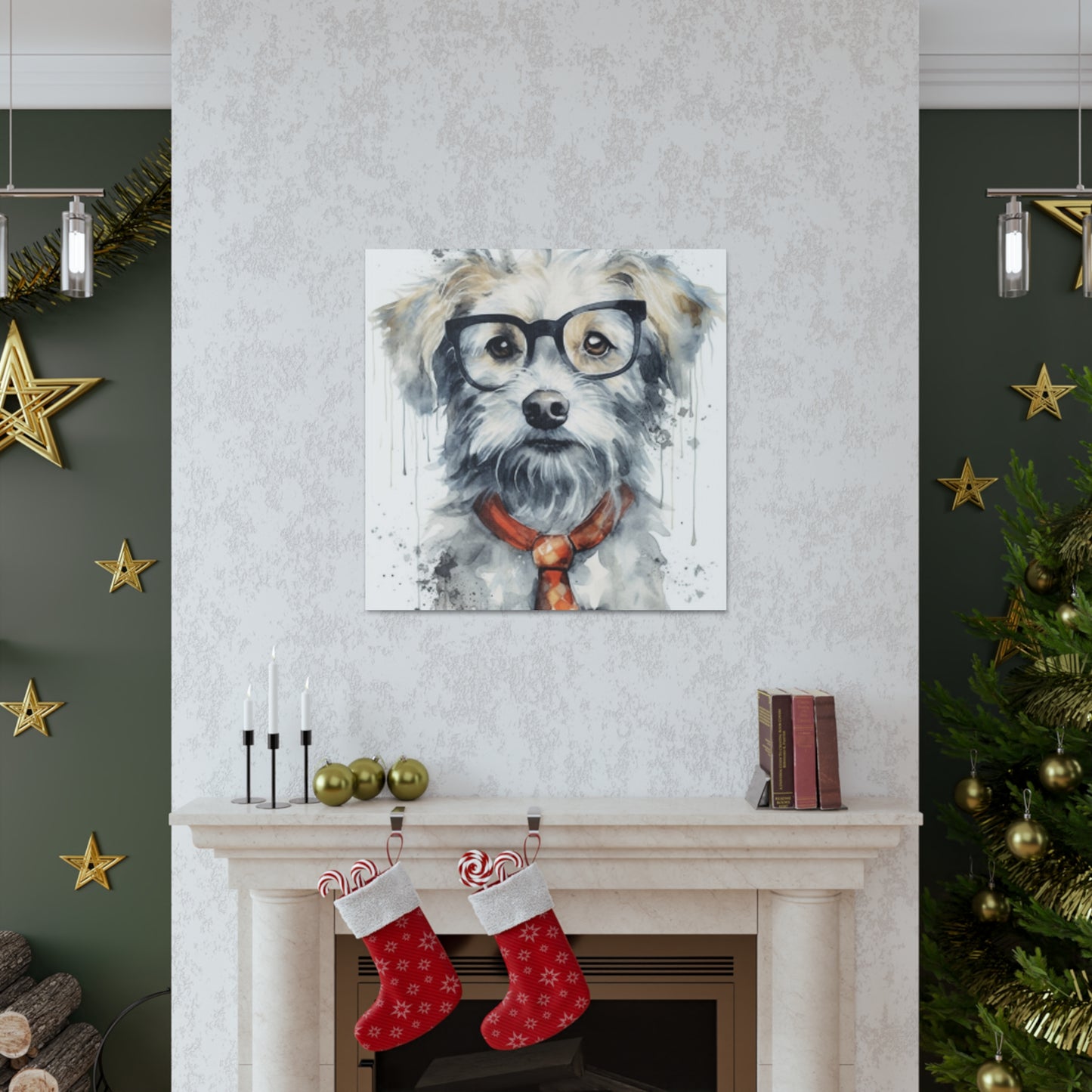 White Dog, Black Glasses, Orange Tie- Large Wall Art