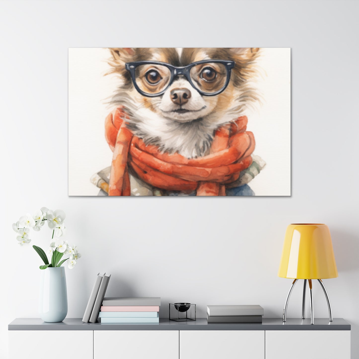 Fluffy Stylish Chihuahua With Glasses, Scarf And Denim - Large Wall Art