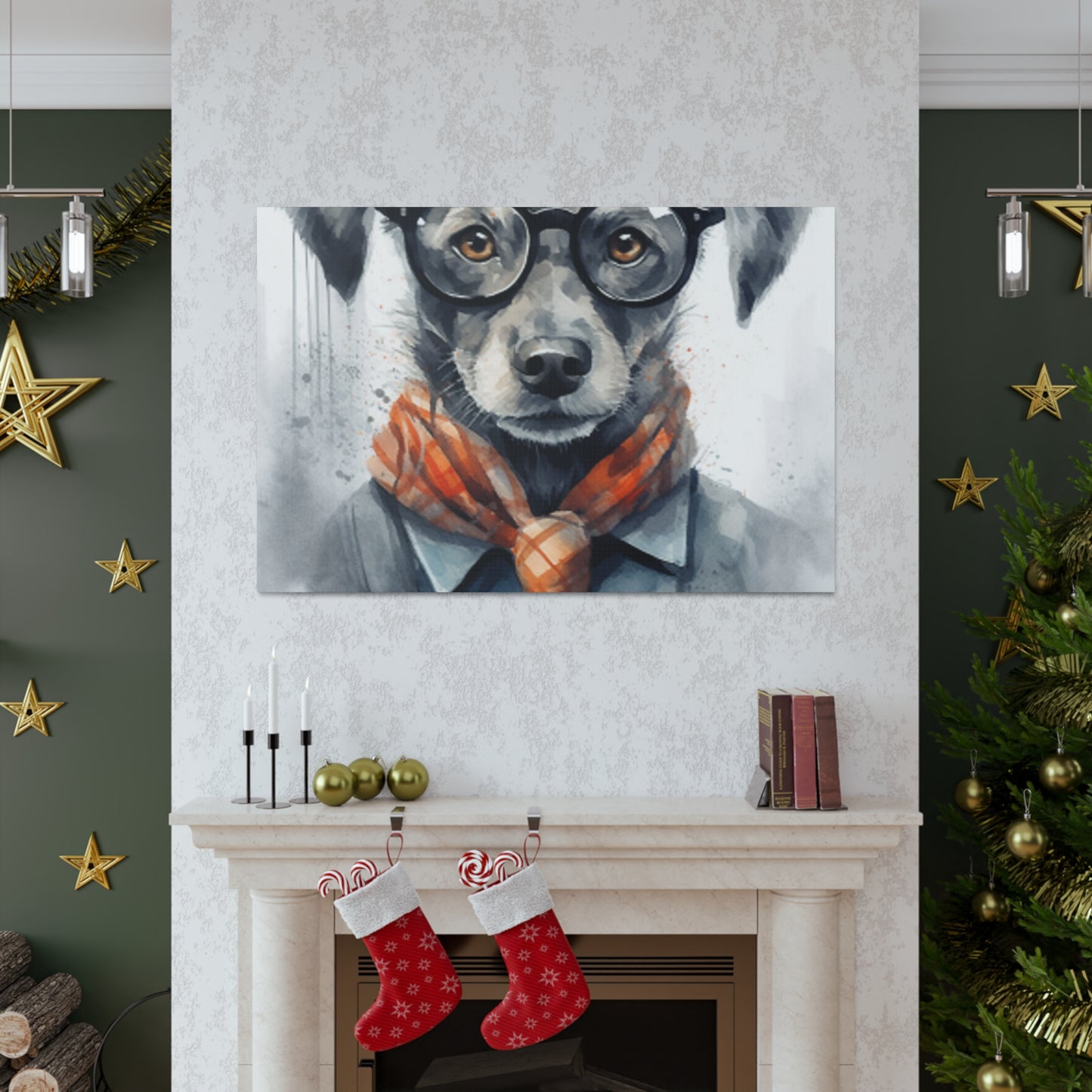 Puppy In Black Glasses, Pops Of Orange- Large Wall Art
