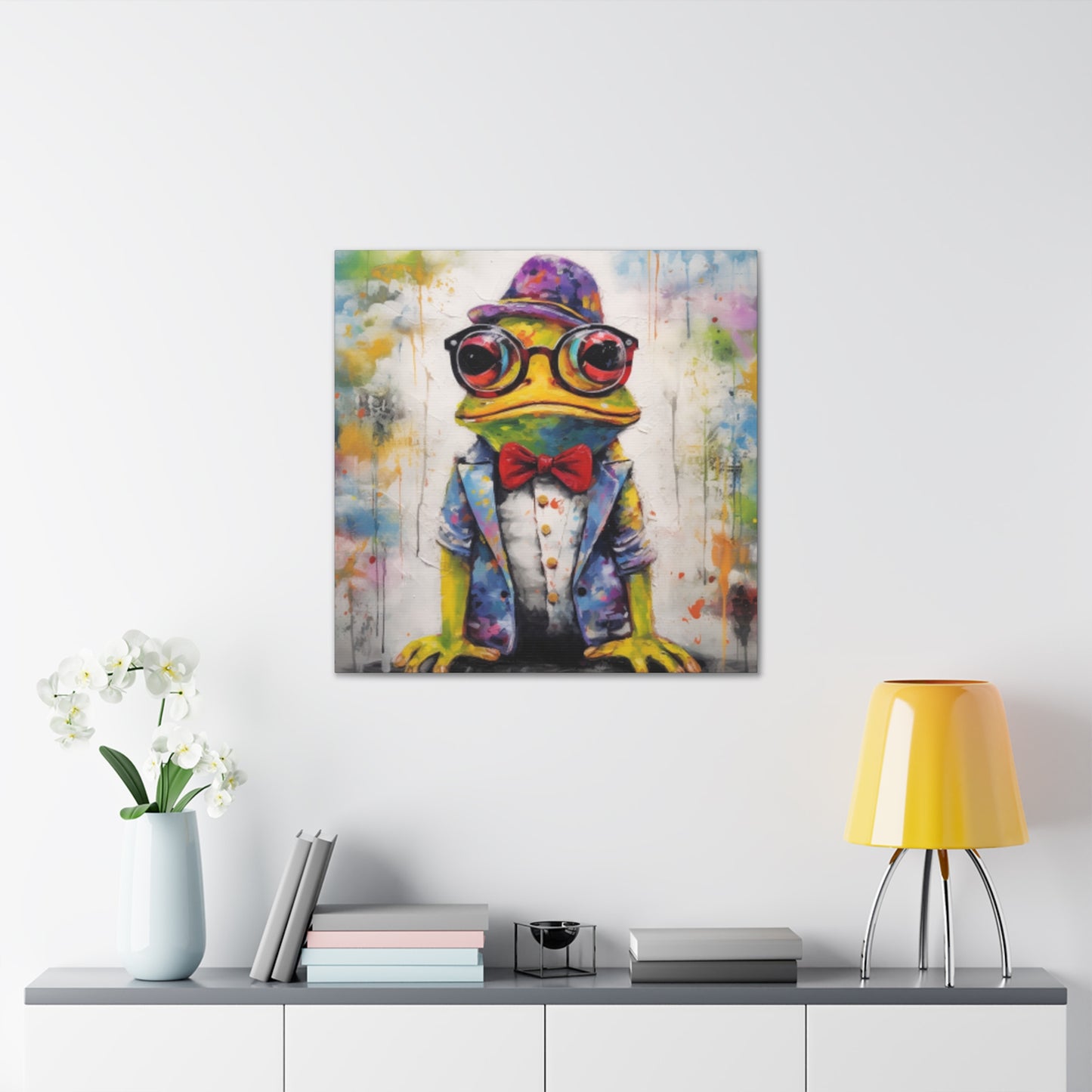 Green Frog Painting In Glasses And Red Bow Tie- Large Wall Art