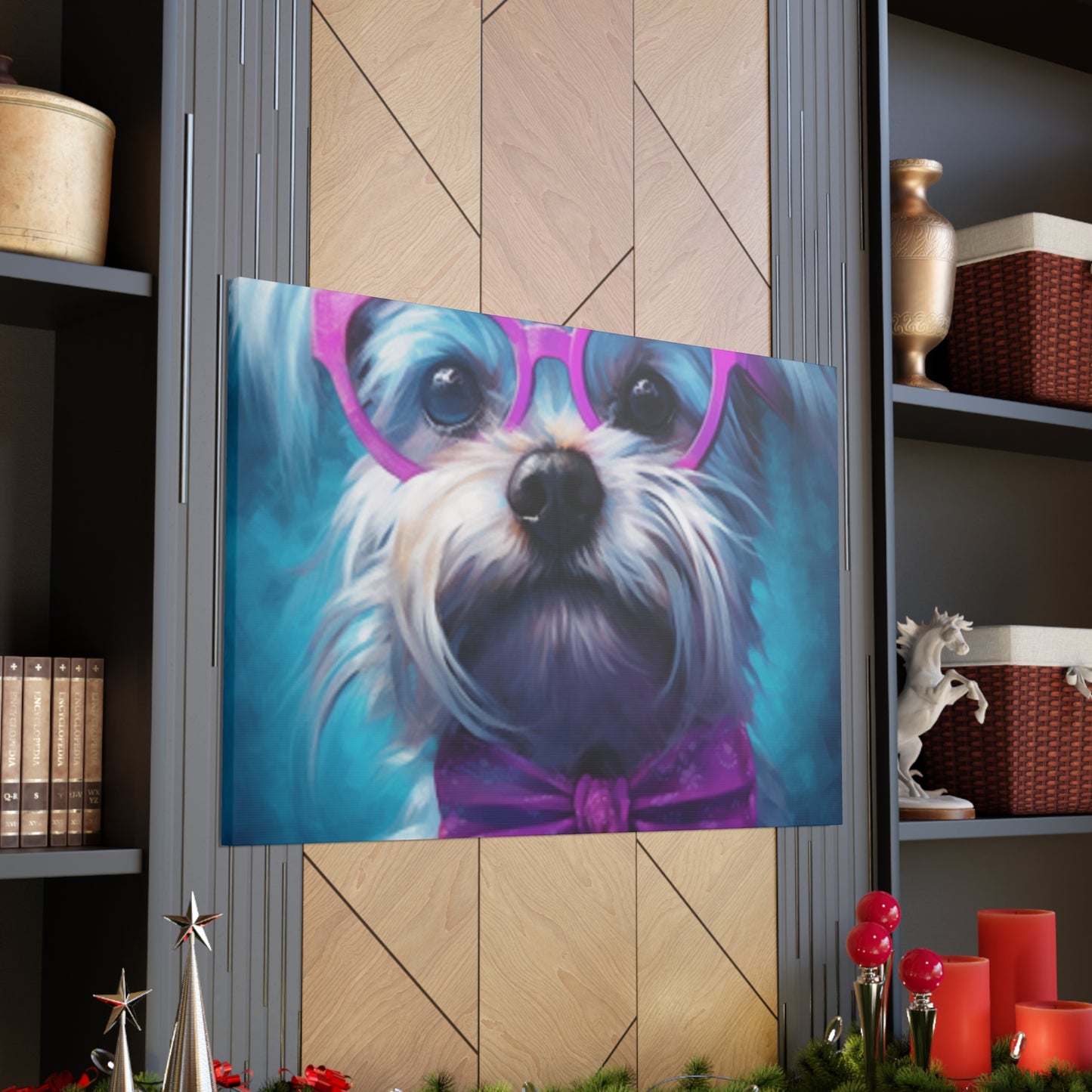 Cute Doggy In Pink Glasses, Bow Tie And Scrunchie - Large Wall Art