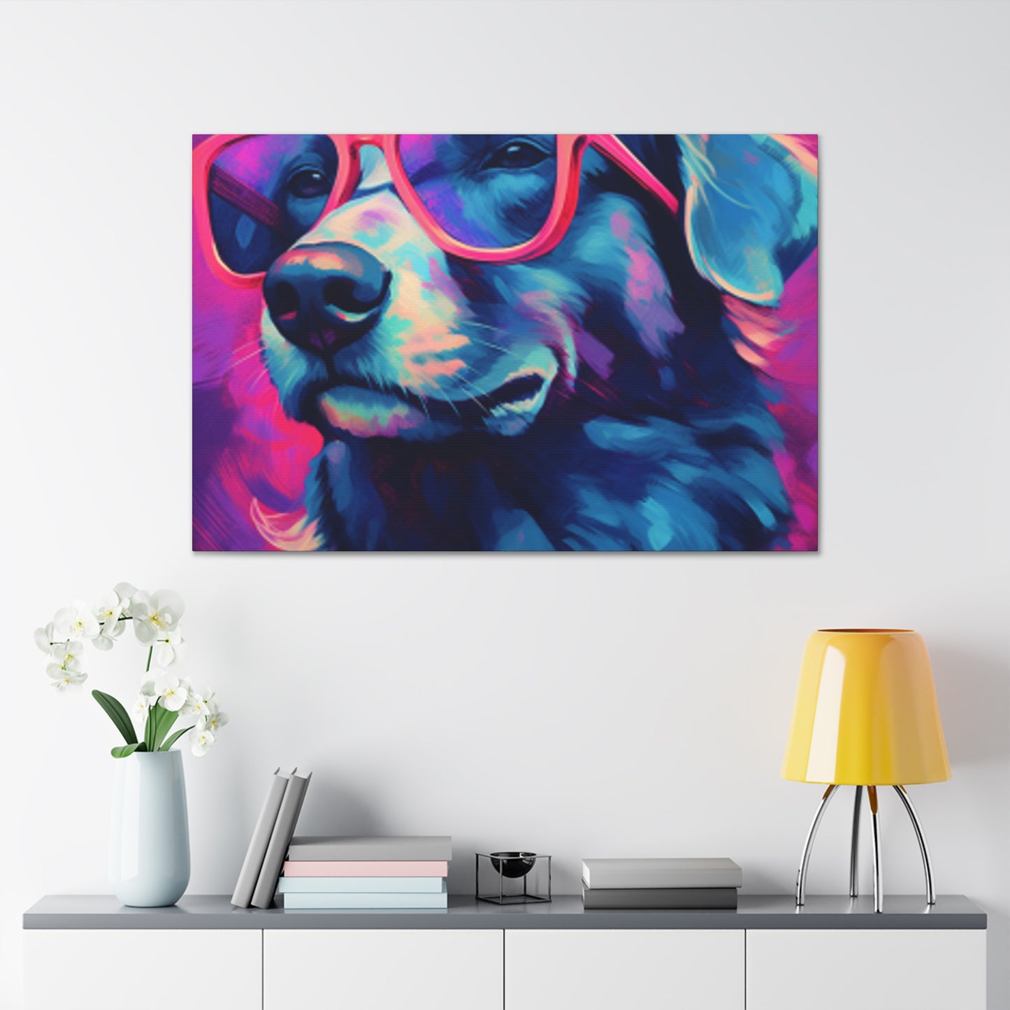 Blue And Purple Dog With Purple Background In Pink Glasses- Large Wall Art