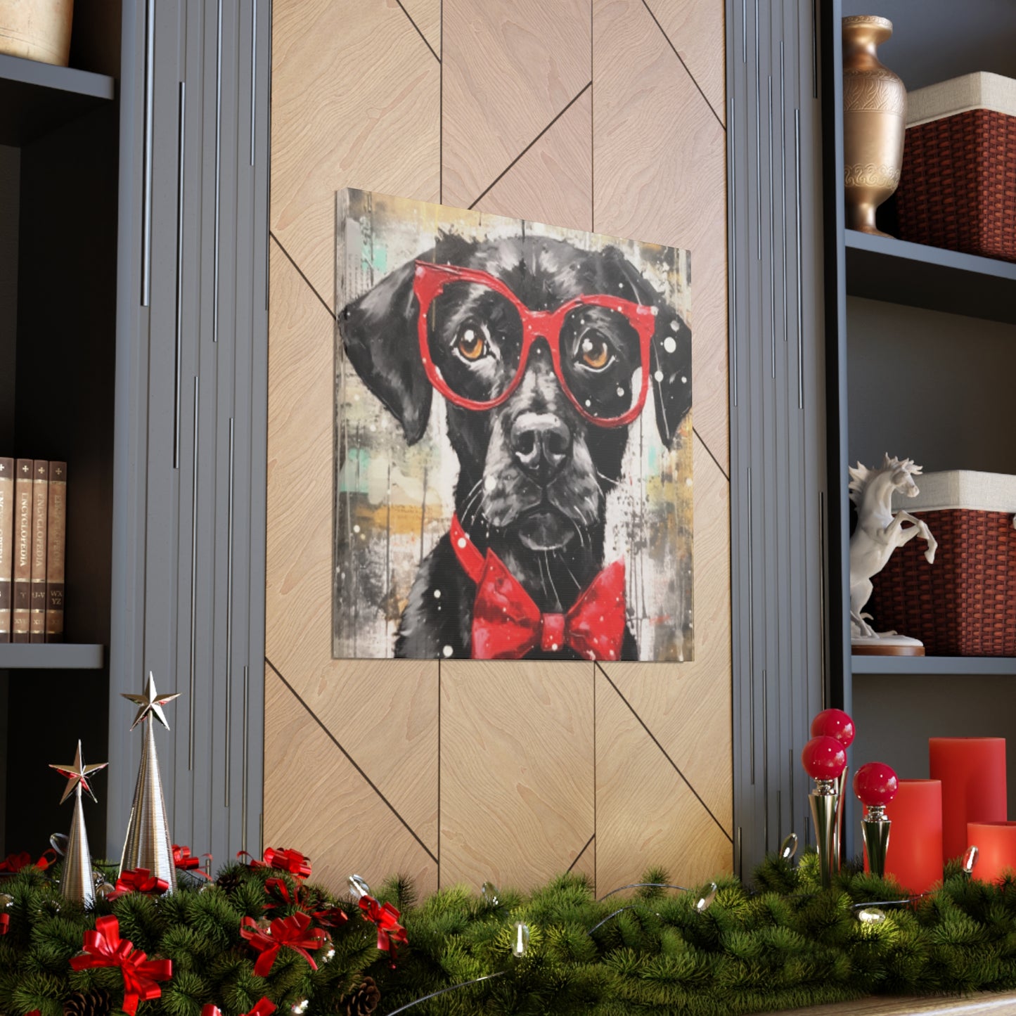 Black Dog, Red Glasses And Red Bow Tie - Large Wall Art