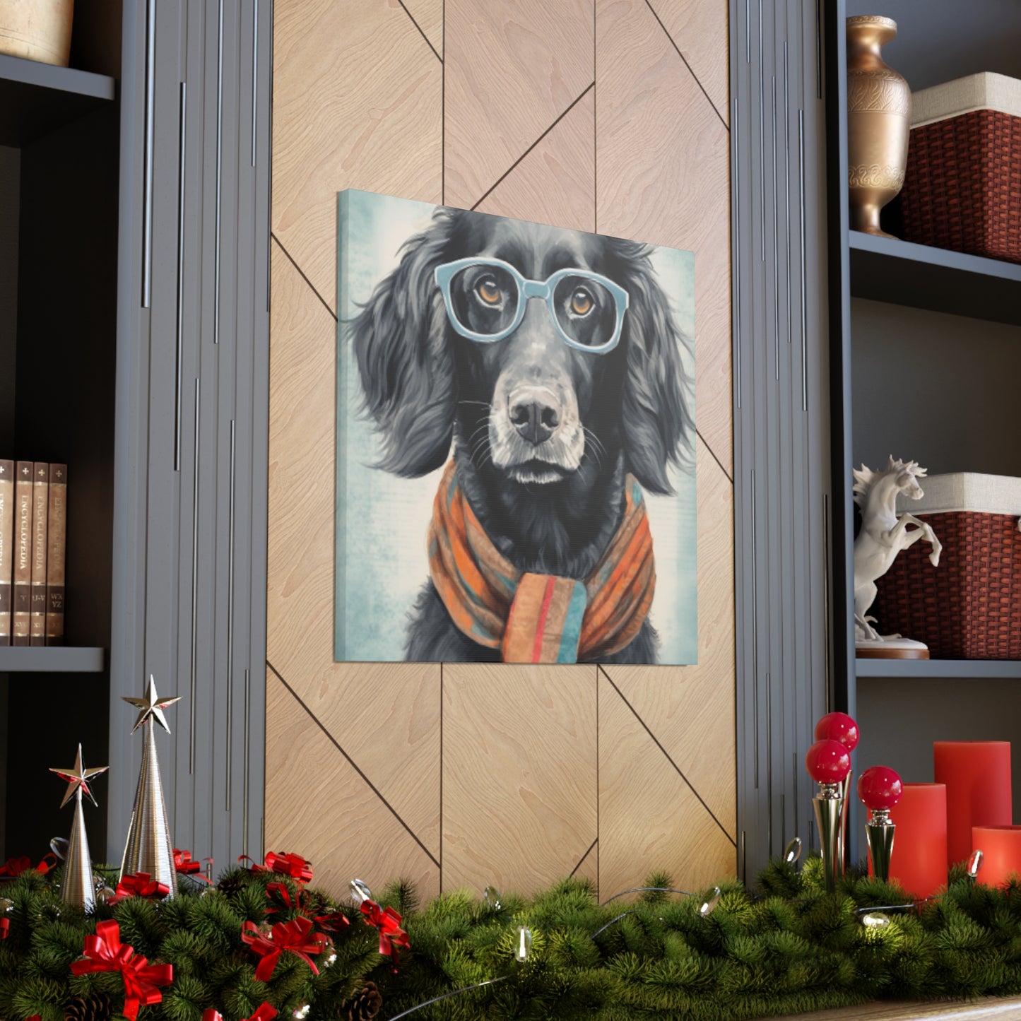 Black Dog In Glasses, Shades Of Blue- Large Wall Art