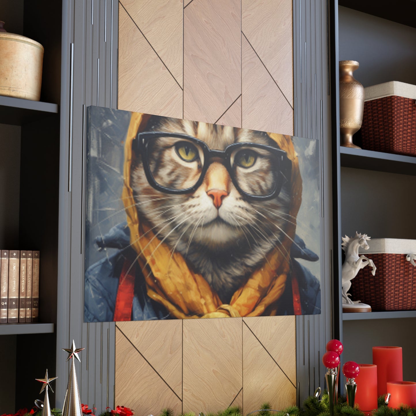 Bundled Up Tabby Cat With Glasses - Large Wall Art