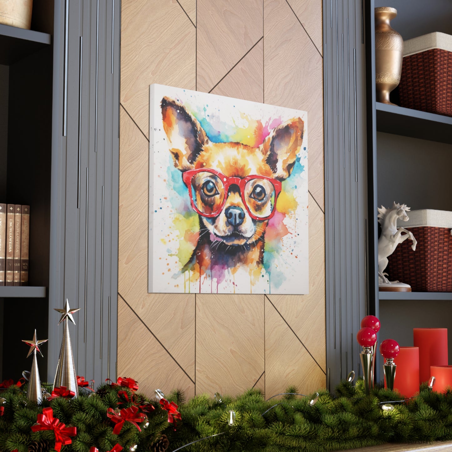 Painting Of A Brown Chihuahua In Glasses, Multi Colored Water Paint Background - Large Wall Art