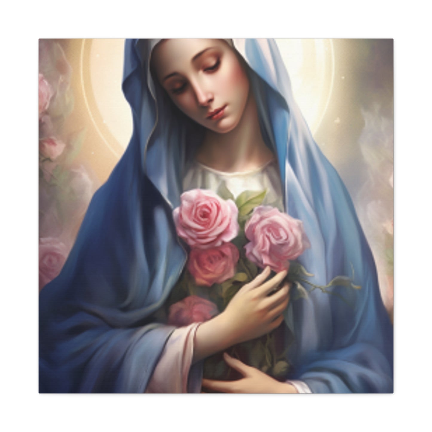 Heavenly Glow Around The Virgin Mary Holding Pink Roses - Large Wall Art