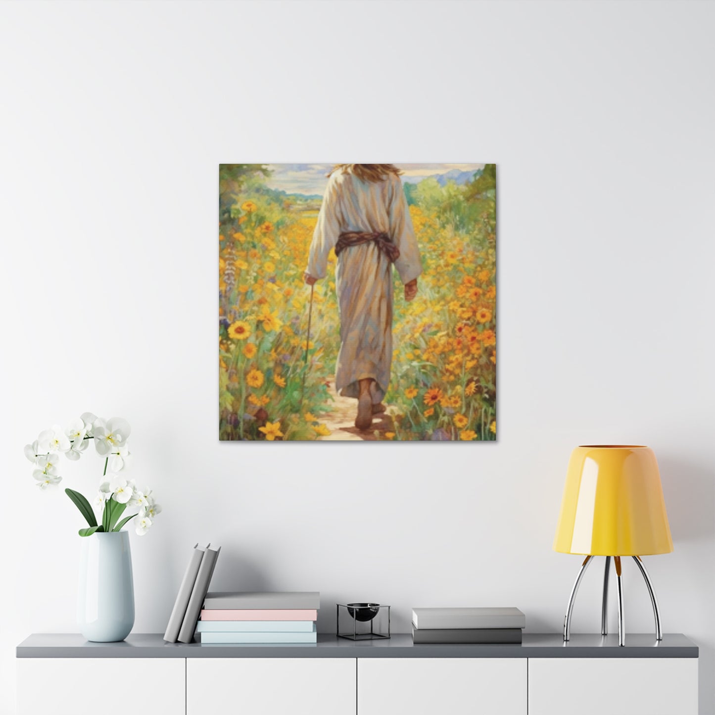 Walk With Jesus, A Dirt Path Through Yellow Flowers - Large Wall Art