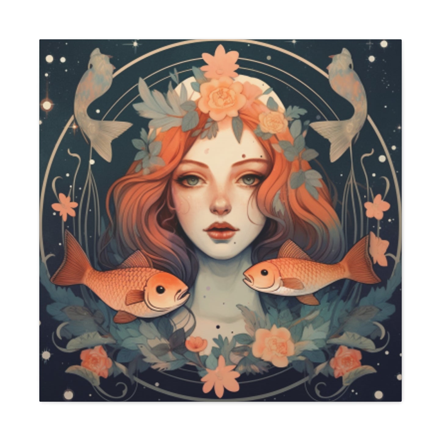 Astrology, Lofi, Peaceful Pisces Girl And Fish - Large Wall Art