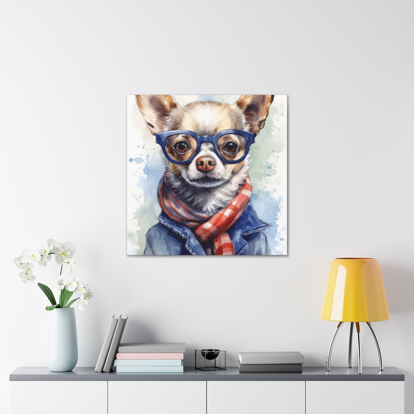 Sweet Chihuahua In Blue Glasses And Red, White And Blue - Large Wall Art