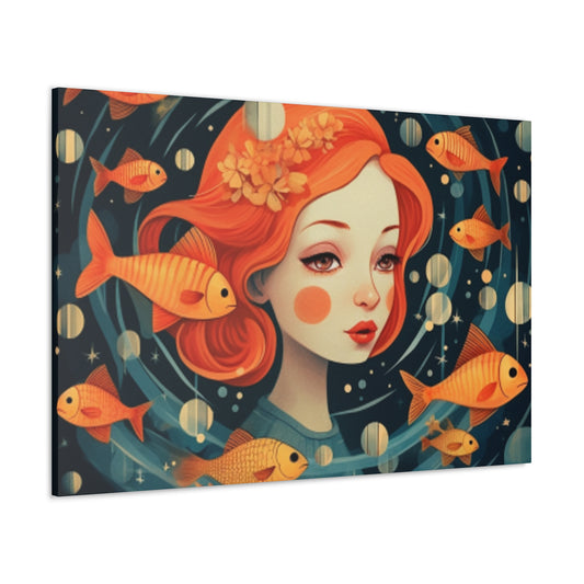 Lofi Style Pisces Surrounded By Fish  - Large Wall Art