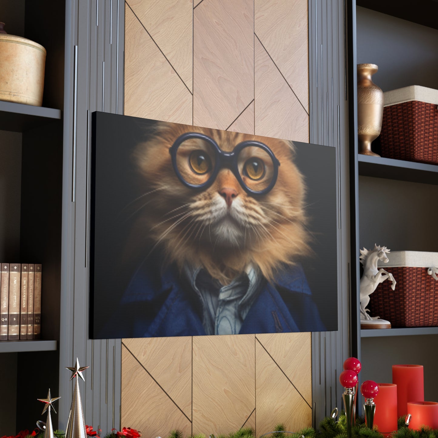 Blue Glasses And Jacket On Orange Kitty - Large Wall Art