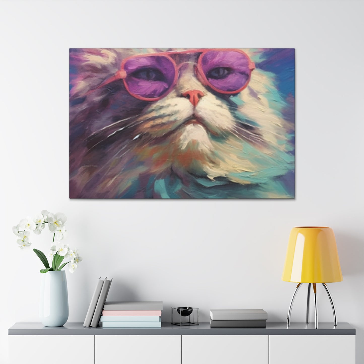 Pastel Furball Cat In Purple Glasses- Large Wall Art