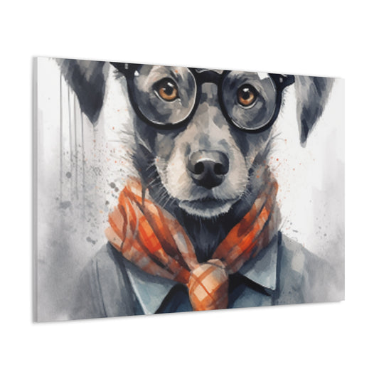 Puppy In Black Glasses, Pops Of Orange- Large Wall Art