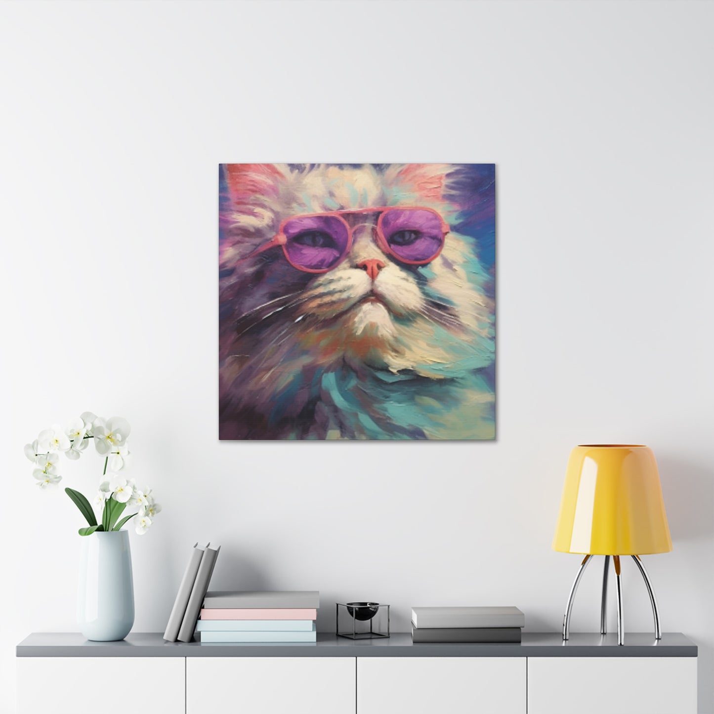 Pastel Furball Cat In Purple Glasses- Large Wall Art