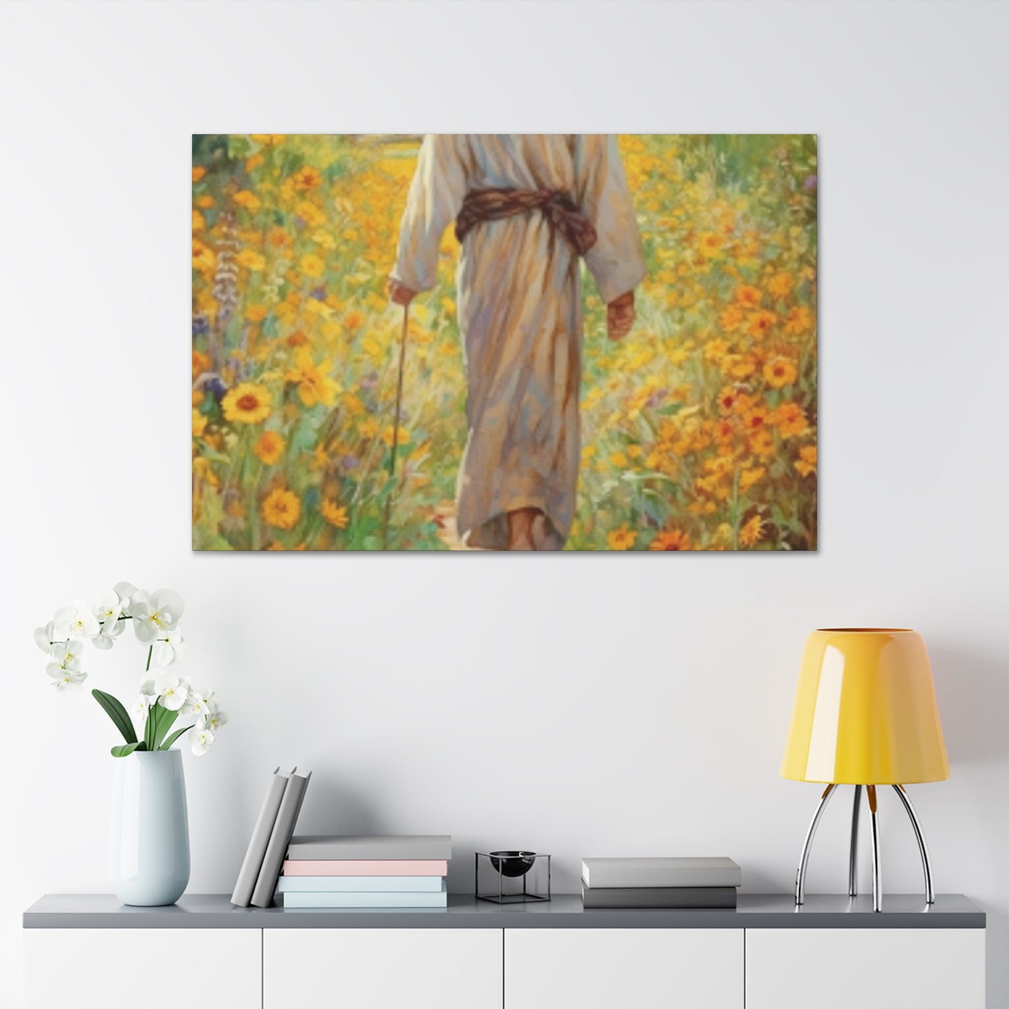 Walk With Jesus, A Dirt Path Through Yellow Flowers - Large Wall Art