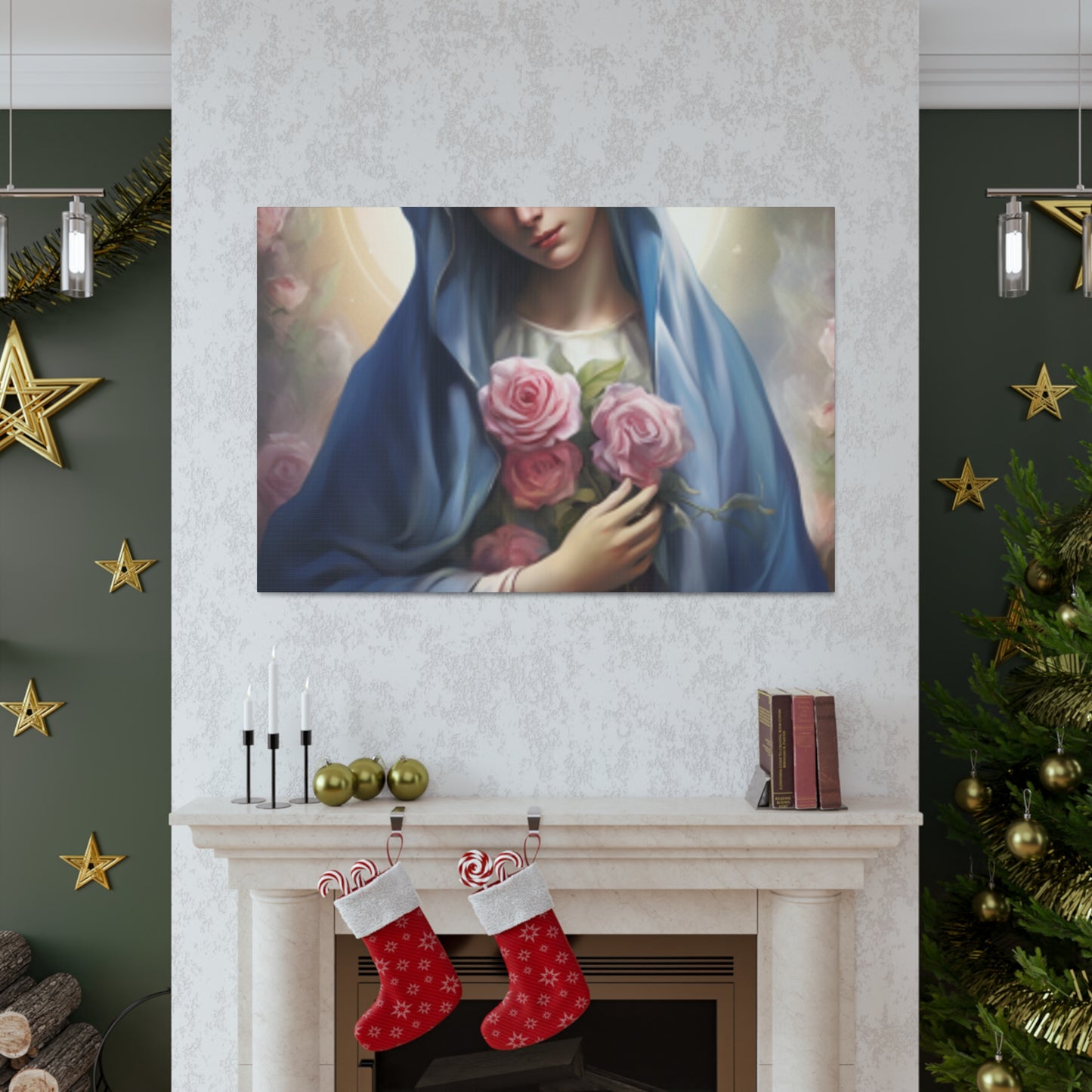 Heavenly Glow Around The Virgin Mary Holding Pink Roses - Large Wall Art