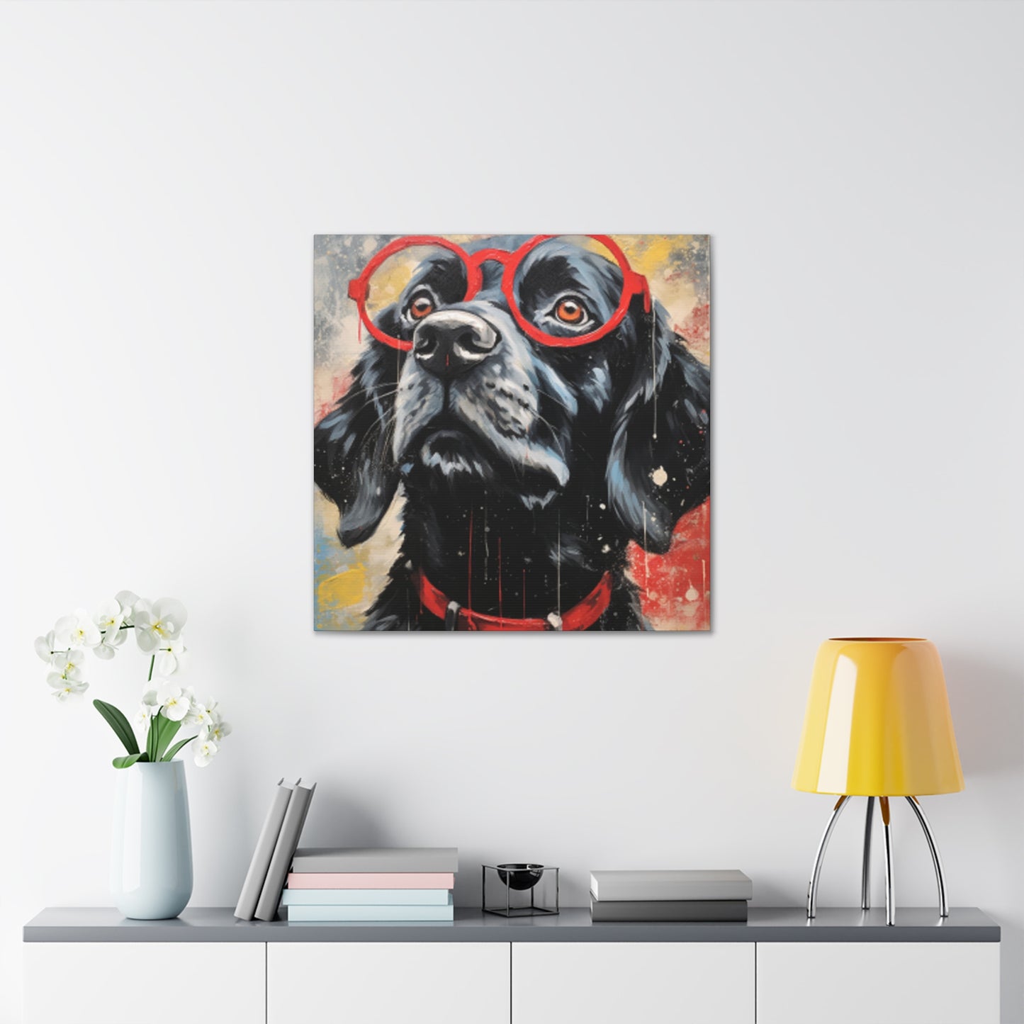 Black Doggy In Big Red Glasses- Large Wall Art