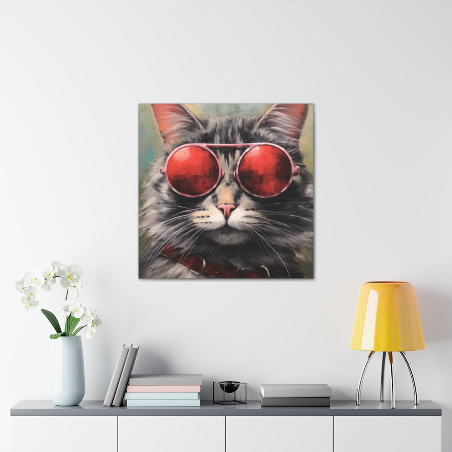 Red Shades On Fluffy Tabby Cat - Large Wall Art