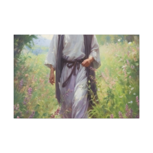 Jesus Taking A Heavenly Walk Through Wildflowers - Large Wall Art