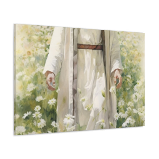 Heavenly Light Shining On Jesus Standing In A Field Of White Flowers - Large Wall Art