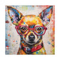 Painting Of A Chihuahua In Red Collar And Glasses With Multi Color Paint Spots - Large Wall Art