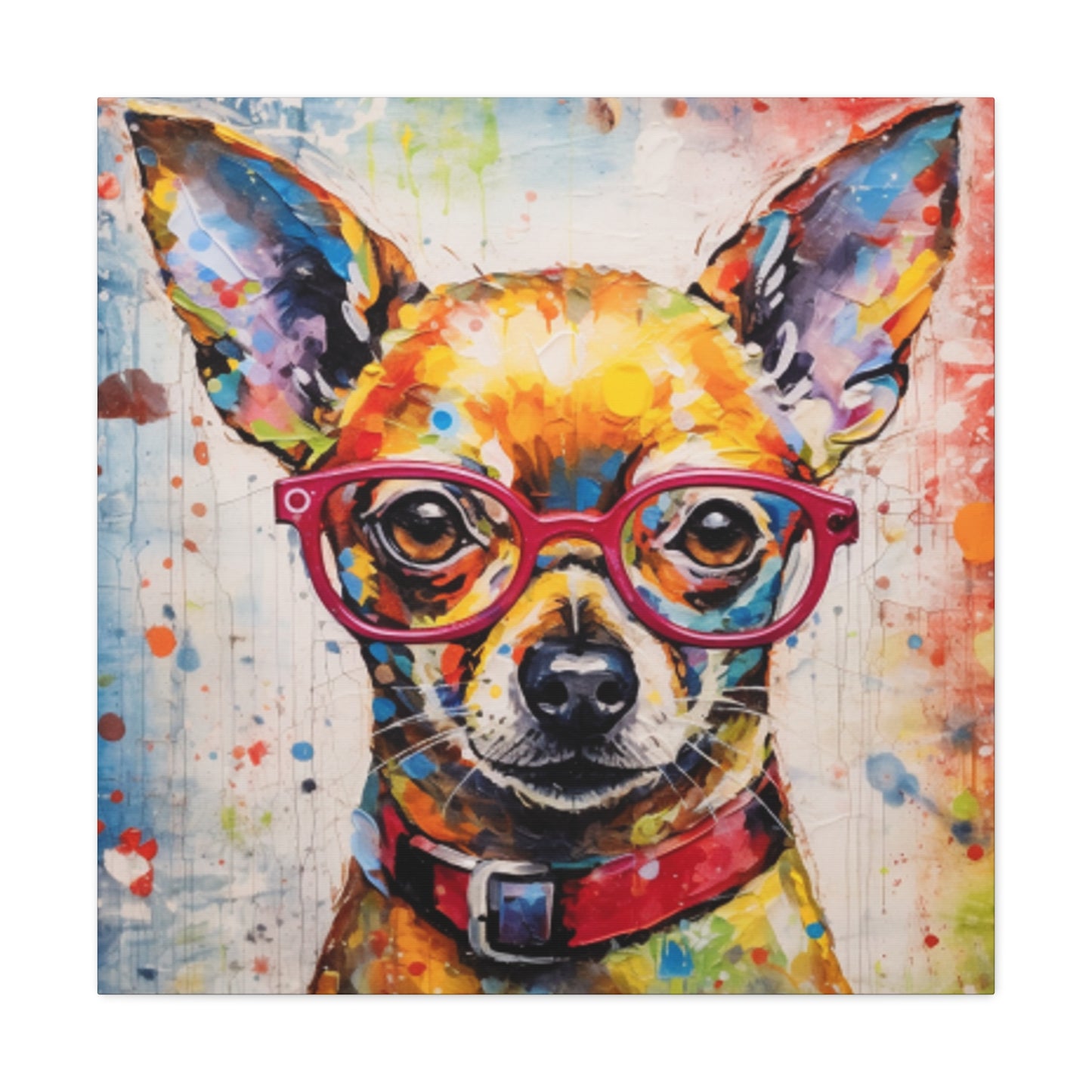 Painting Of A Chihuahua In Red Collar And Glasses With Multi Color Paint Spots - Large Wall Art