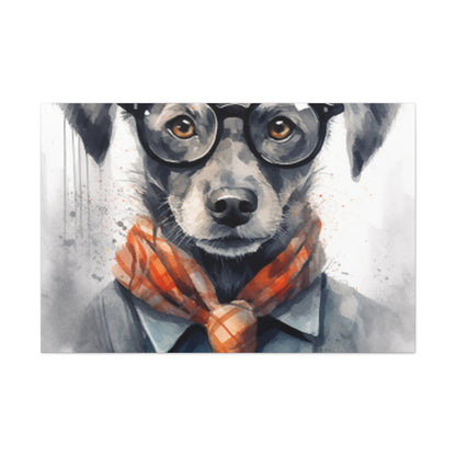 Puppy In Black Glasses, Pops Of Orange- Large Wall Art