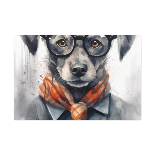 Puppy In Black Glasses, Pops Of Orange- Large Wall Art