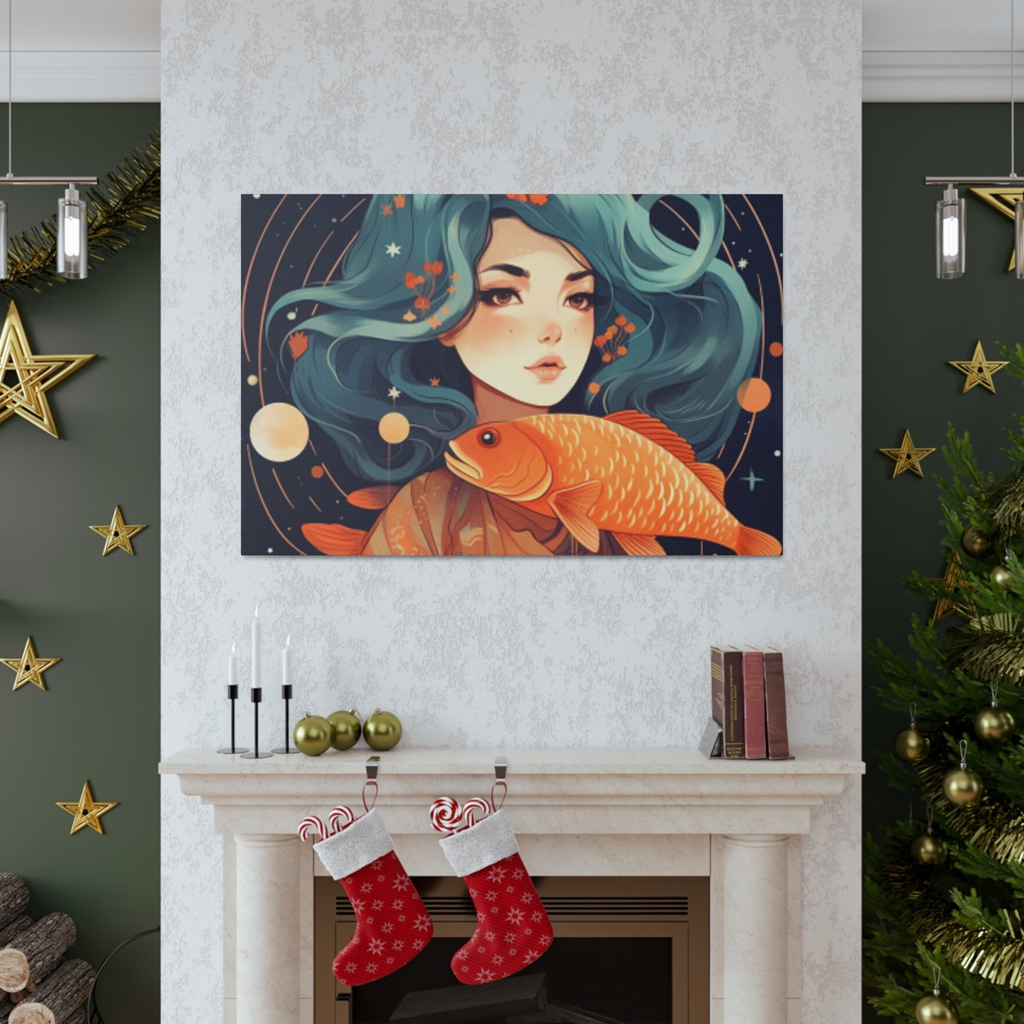 Lofi Style Girl And Her Fish, Pisces - Large Wall Art