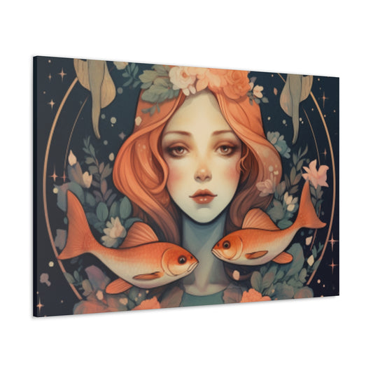 Lofi, Peaceful Pisces Fish Girl With Flowers - Large Wall Art