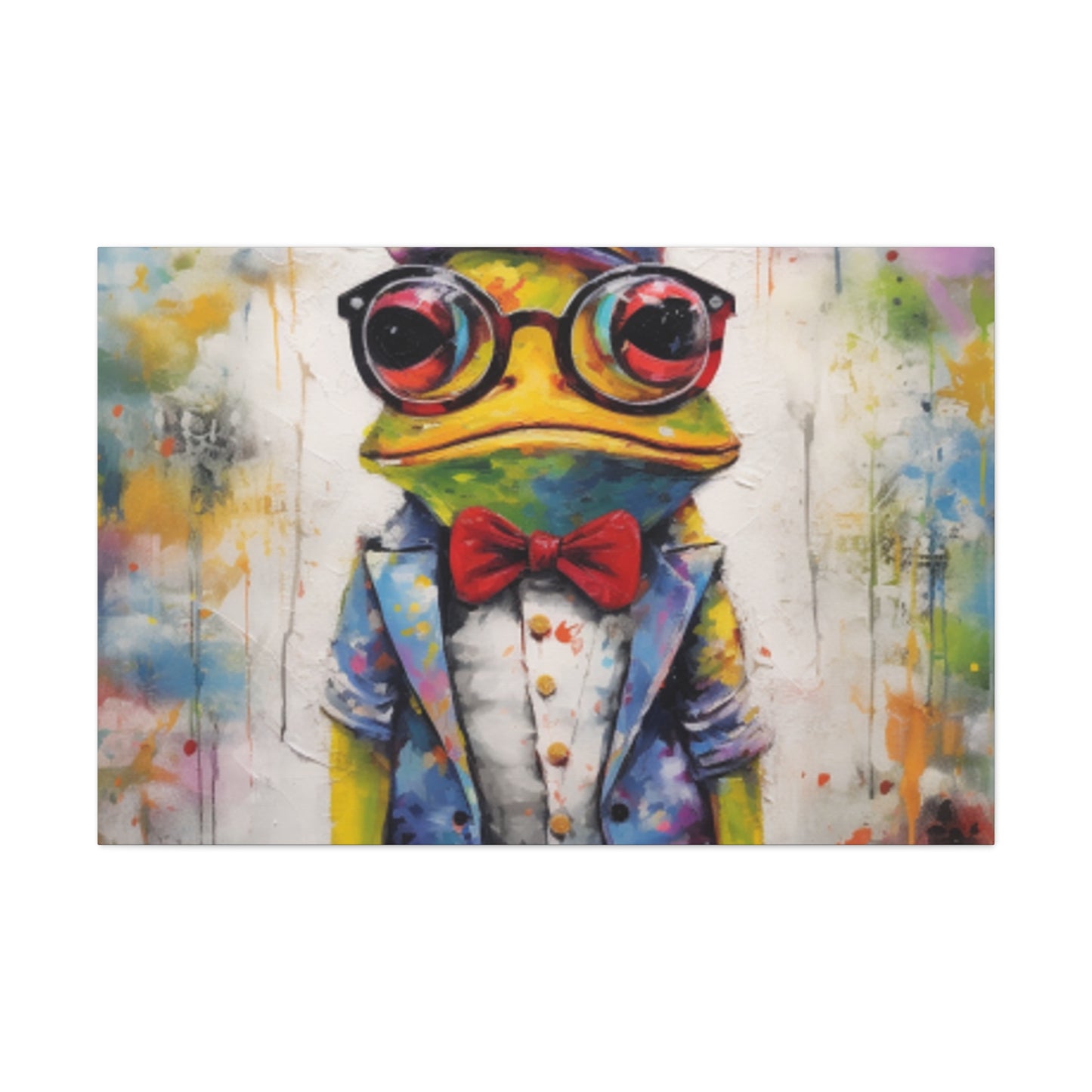 Green Frog Painting In Glasses And Red Bow Tie- Large Wall Art