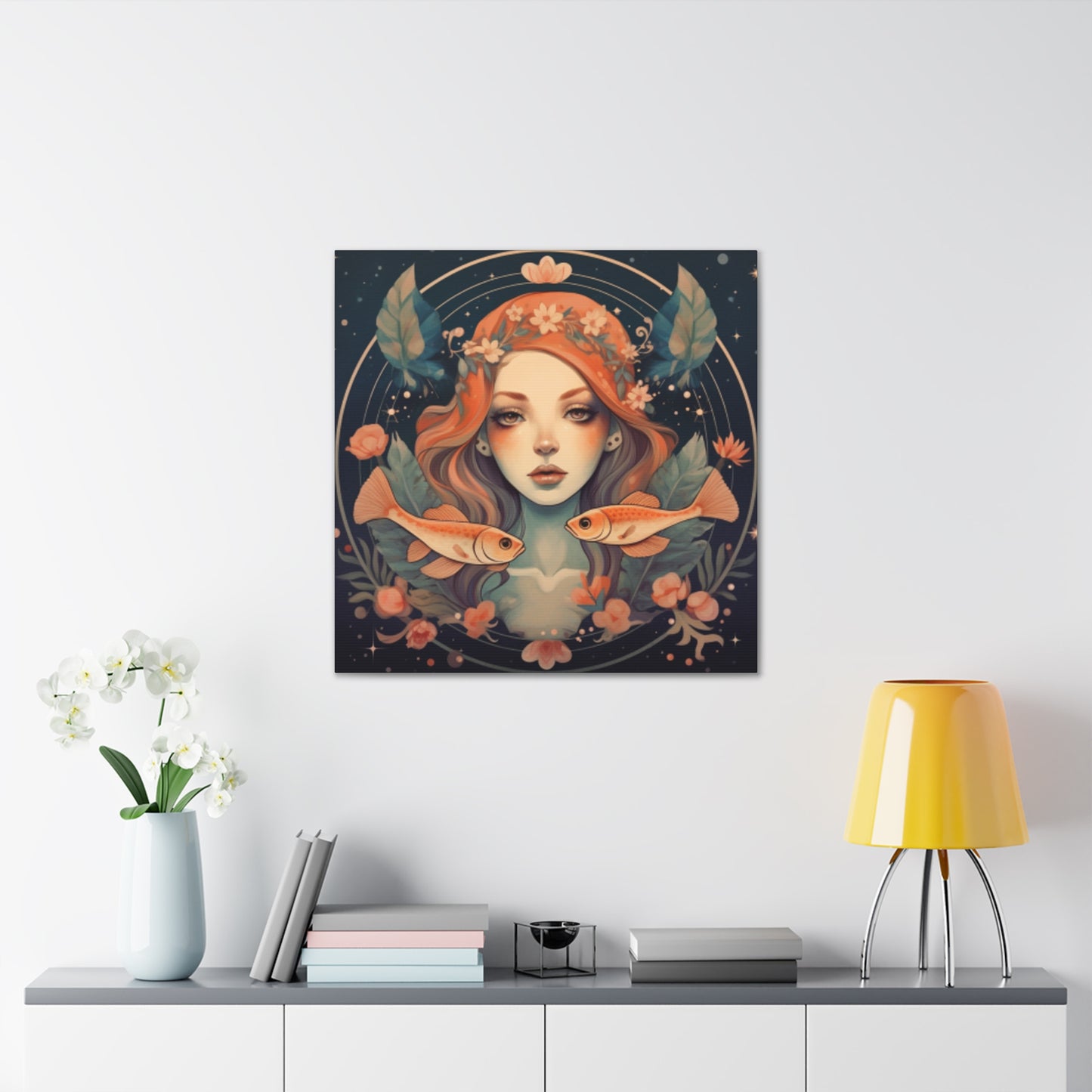 Peaceful, Lofi,  Pisces Fish Girl With Boho Flowers - Large Wall Art