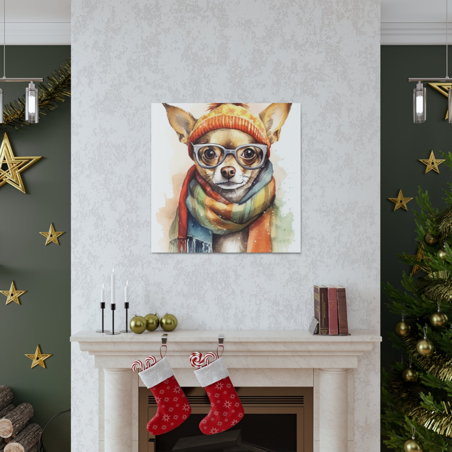 Chihuahua In Orange Beanie, Glasses And Scarf- Large Wall Art