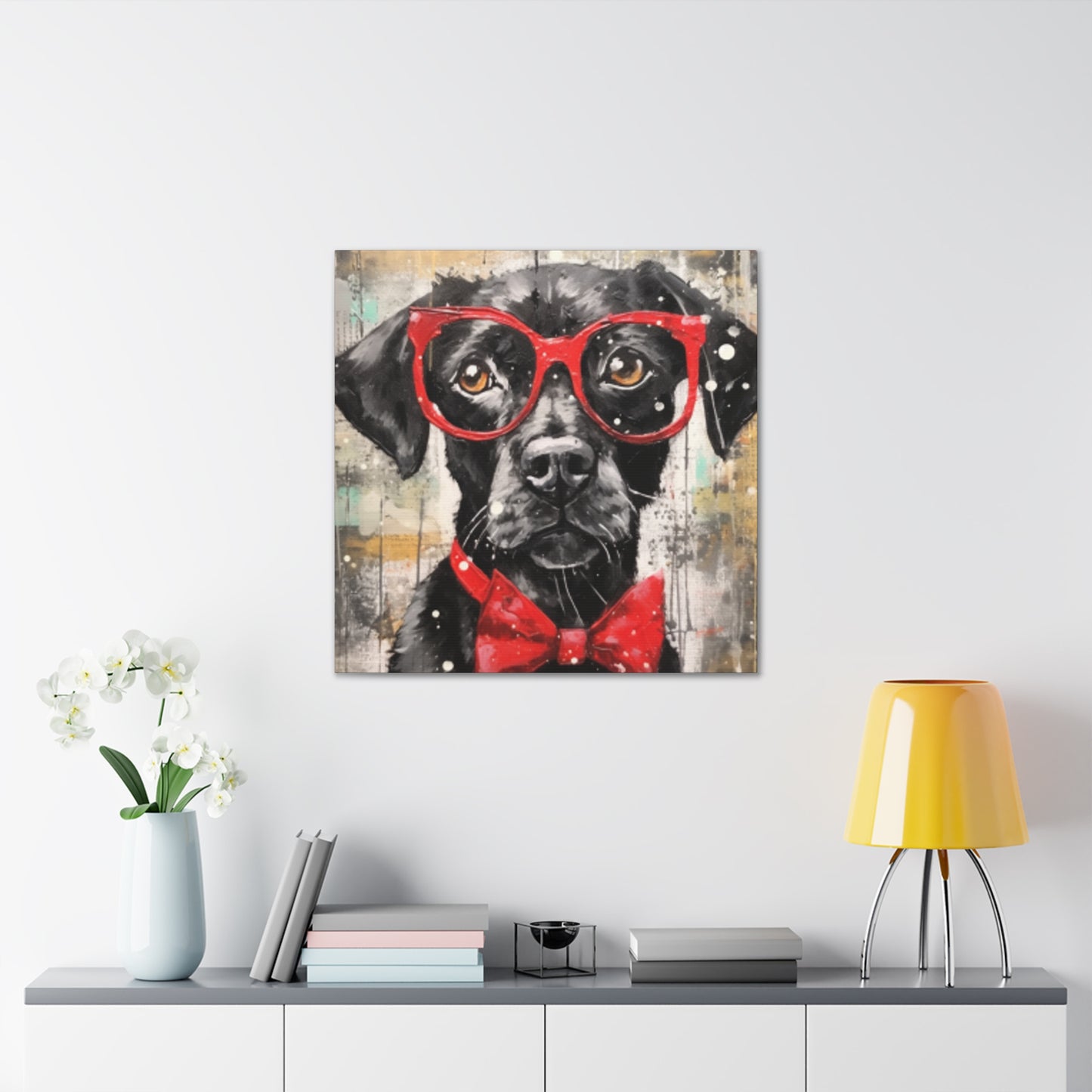 Black Dog, Red Glasses And Red Bow Tie - Large Wall Art