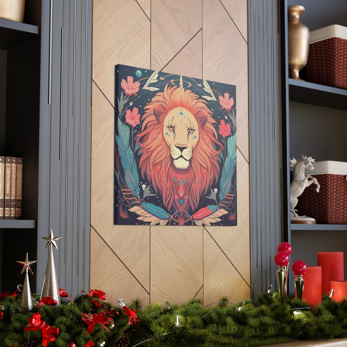 Lofi Style Leo With Flowers And Feathers - Large Wall Art