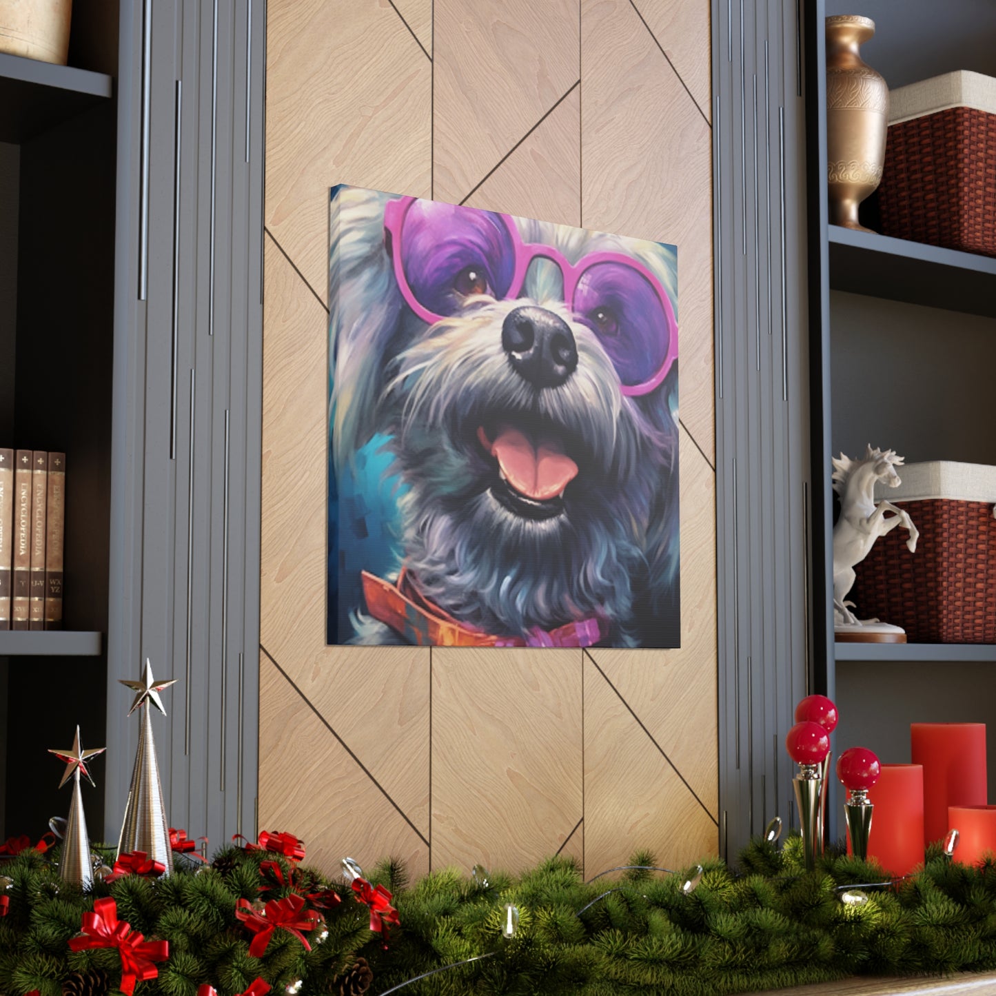 Happy Dog With Big Purple Glasses - Large Wall Art