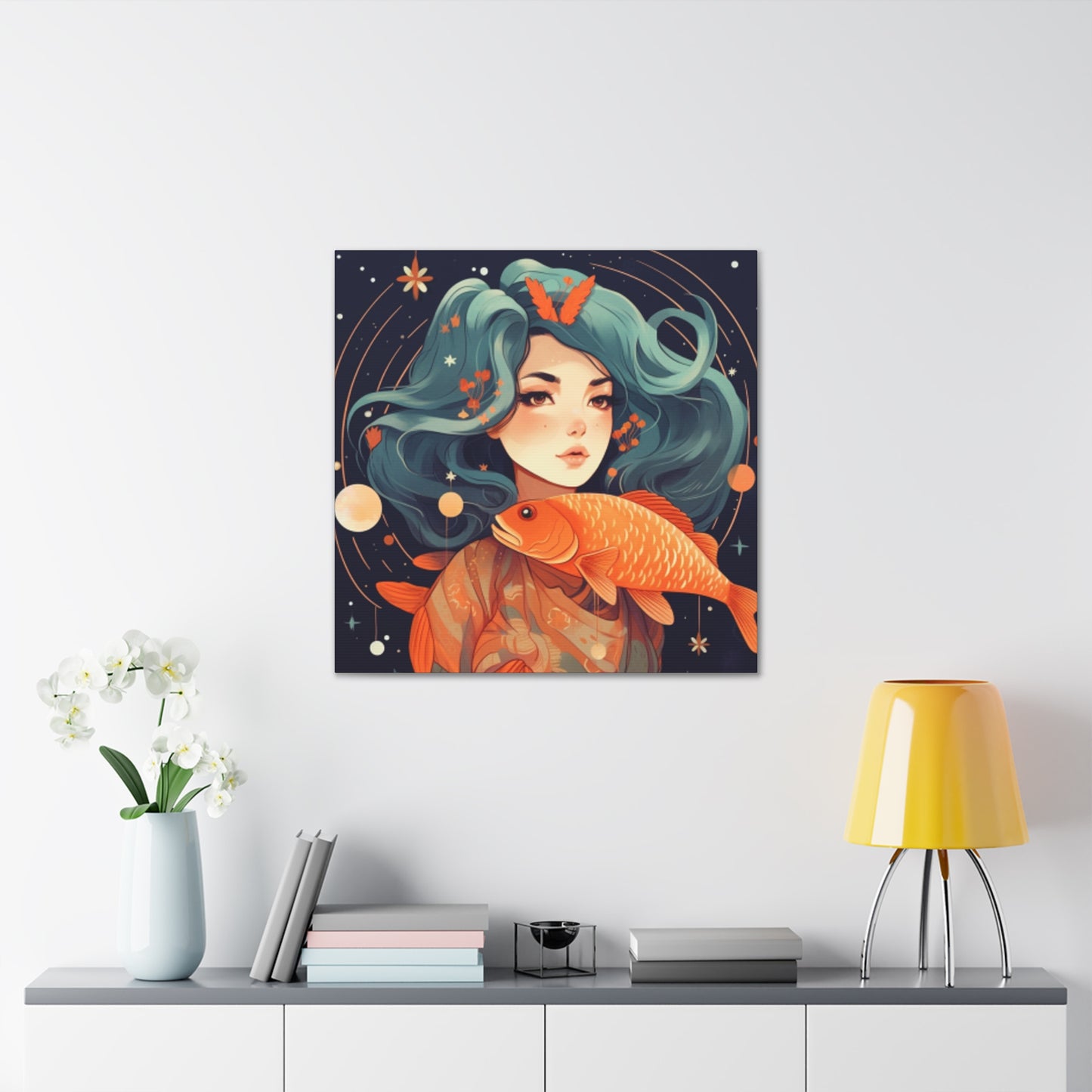 Lofi Style Girl And Her Fish, Pisces - Large Wall Art