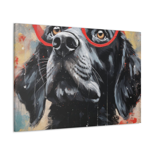 Black Dog In Red Glasses And Red Collar  - Large Wall Art